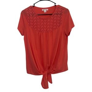 John Paul Richard Coral Pink Lace Yoke Tie Front Short Sleeve Top Size Medium